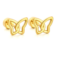 Tresoli Stainless Steel Gold Color PVD Hollow Butterfly Stud Earrings With Screw Pin And Round Twist Screw