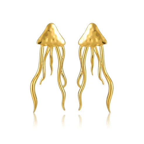 Stainless Steel Gold Color PVD Hammered Jellyfish Stud Earrings