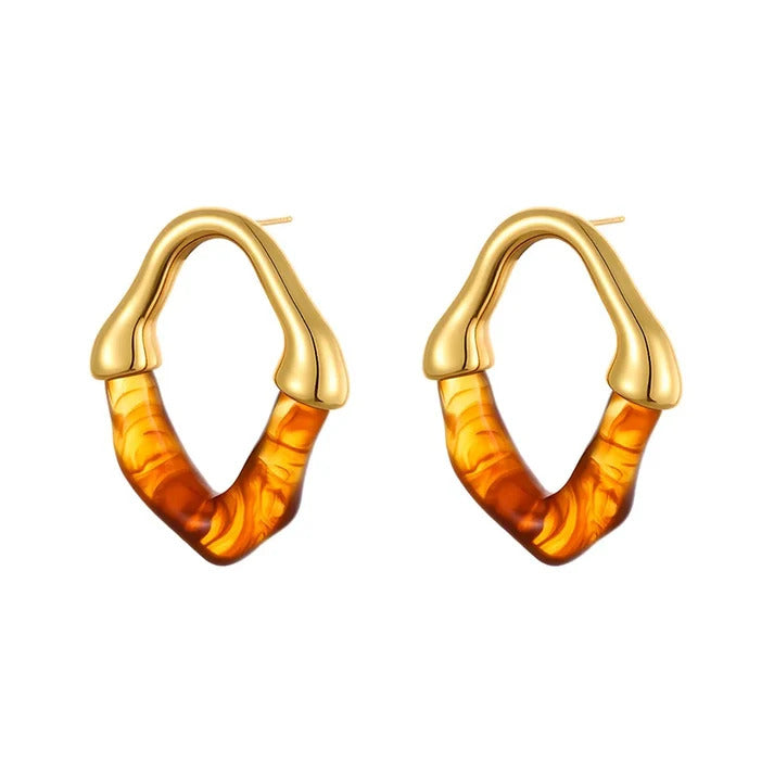Stainless Steel Gold Color PVD Hollow Irregular Resin In Brown Stud Earrings