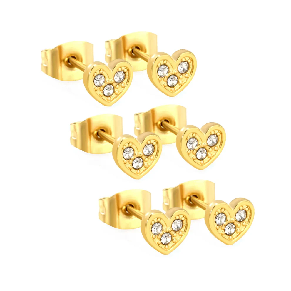 Stainless Steel Gold Color PVD Heart Shaped White Diamond Adhesive Set Plain Post Stud Earrings