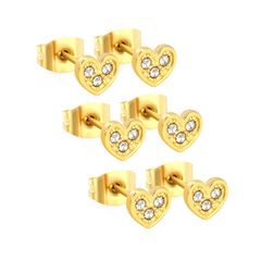 Tresoli Stainless Steel Gold Color PVD Heart Shaped White Diamond Adhesive Set Plain Post Stud Earrings