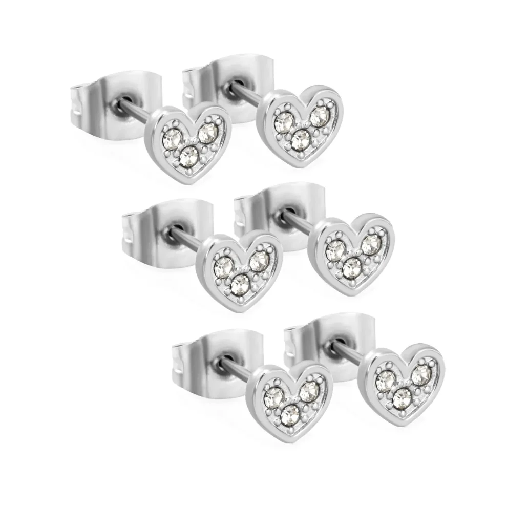 Stainless Steel Color PVD Heart Shaped White Diamond Adhesive Set Plain Post Stud Earrings