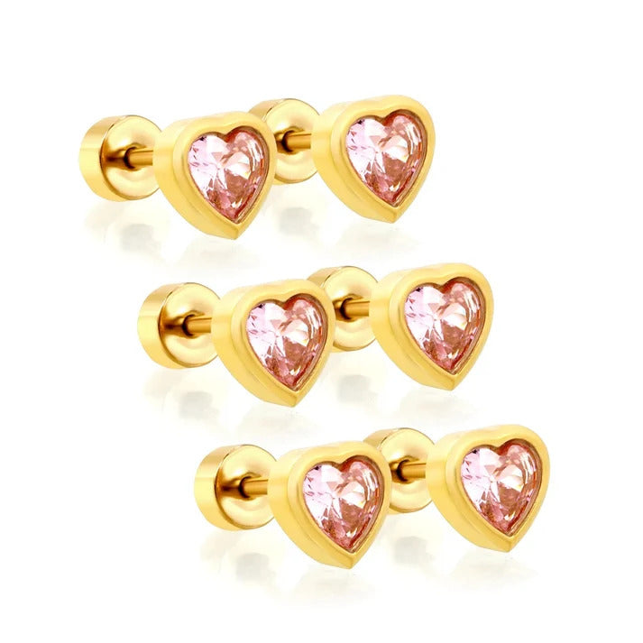 Stainless Steel Gold Color PVD Three Paird Pink Zircon Heart Stud Earrings With Threaded Post And Disc Twist Screw Back