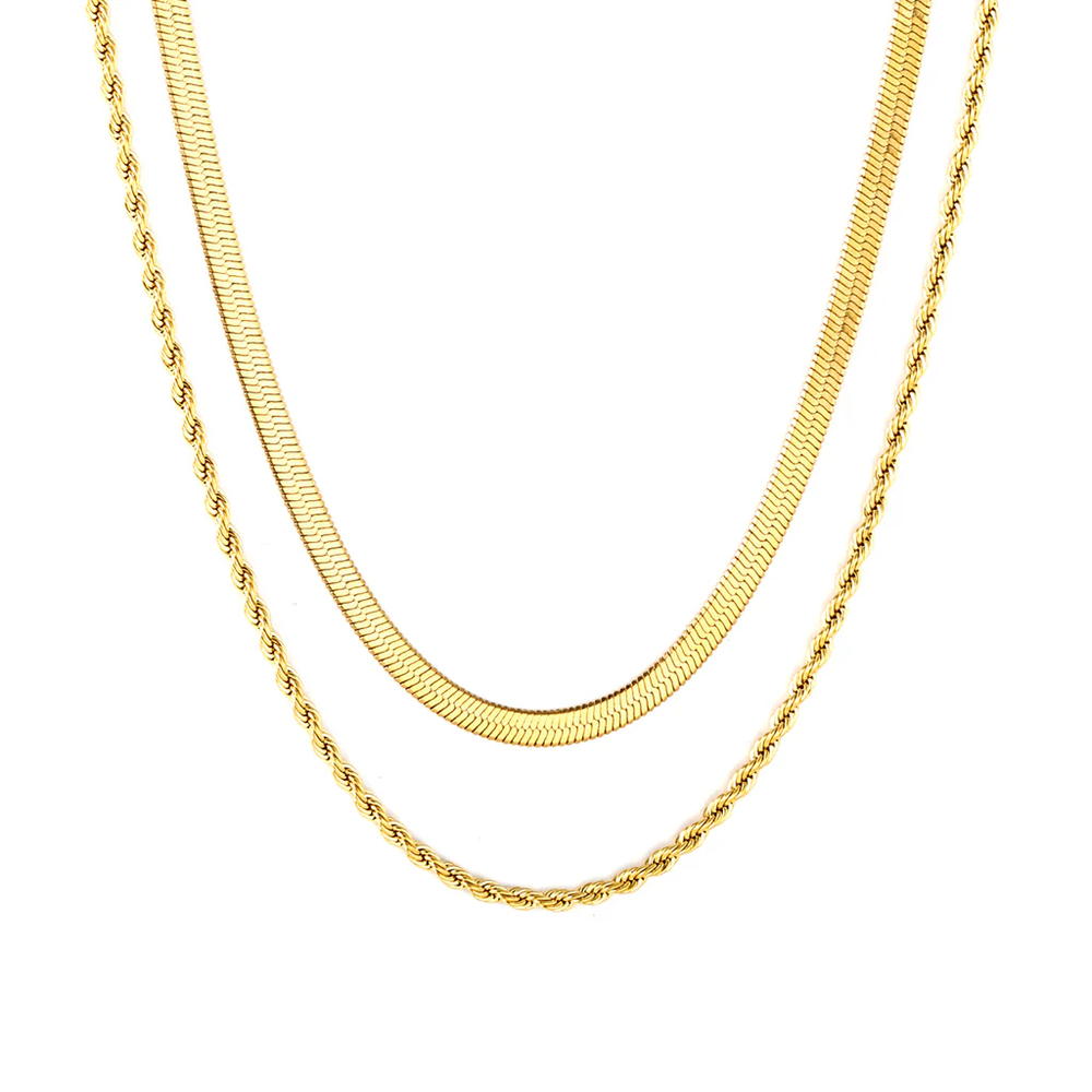 Stainless Steel Gold Color PVD Blade And Twisted Double Chain Necklace