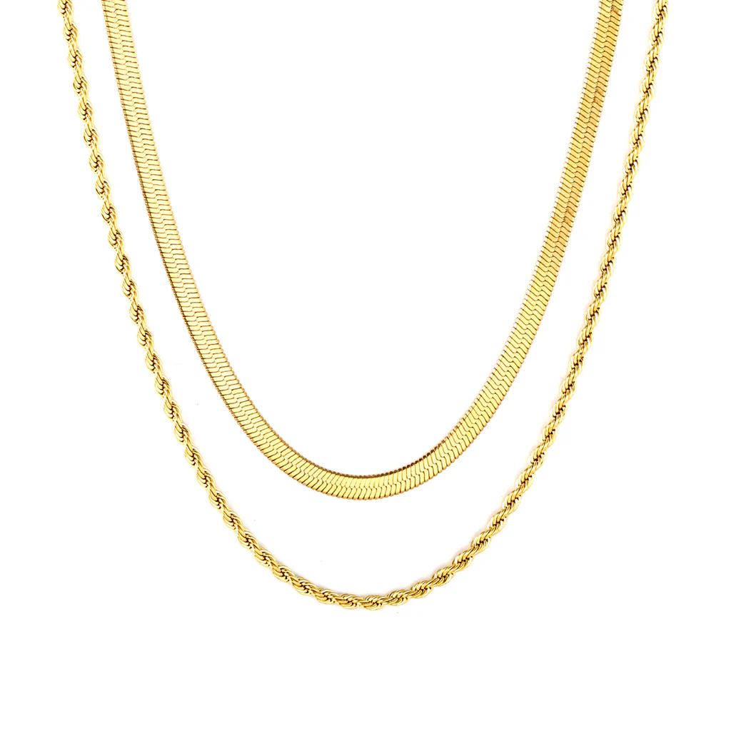 Stelluxe Stainless Steel Gold Color PVD Blade And Twisted Double Chain Necklace