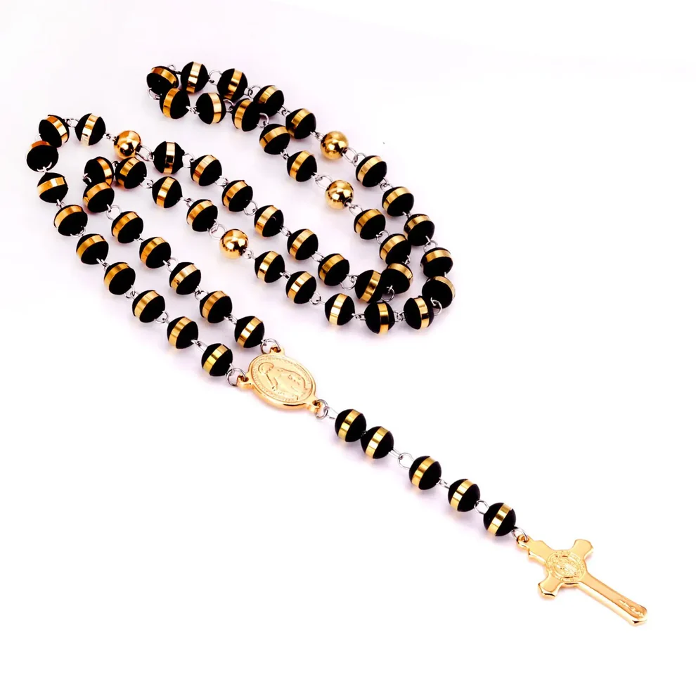 Stainless Steel Gold Color PVD Long Scapular Catholic Rosaries Black Beads Christian Cross Pendant Necklace