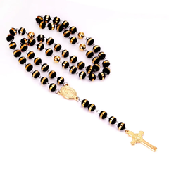 Tresoli Stainless Steel Gold Color PVD Long Scapular Catholic Rosaries Black Beads Christian Cross Pendant Necklace