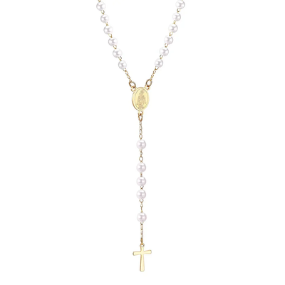 Tresoli Stainless Steel Gold Color PVD Long Scapular Catholic Rosaries White Beads Christian Cross Pendant Necklace