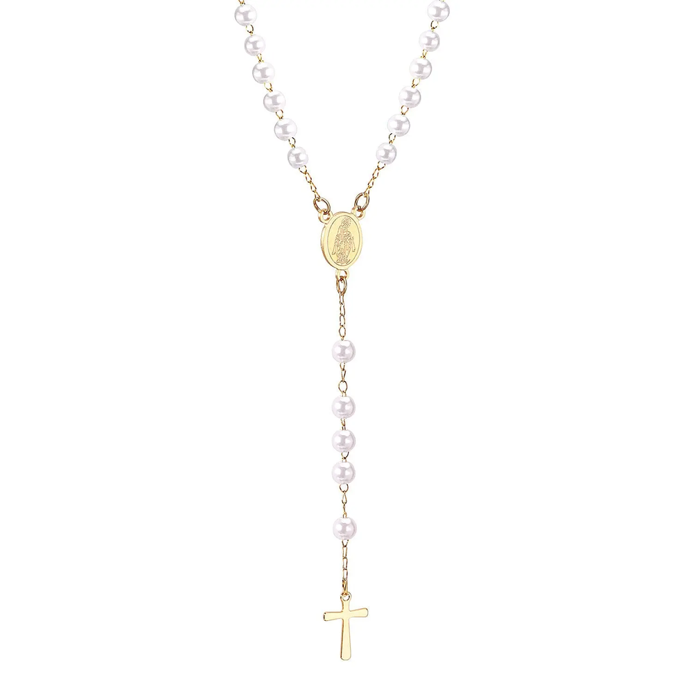 Stainless Steel Gold Color PVD Long Scapular Catholic Rosaries Round White Beads Christian Cross Pendant Necklace