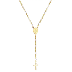 Tresoli Stainless Steel Gold Color PVD Long Scapular Catholic Rosaries Oval White Beads Christian Cross Pendant Necklace