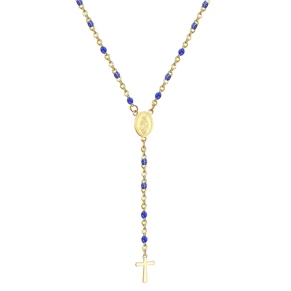 Stainless Steel Gold Color PVD Long Scapular Catholic Rosaries Blue Beads Christian Cross Pendant Necklace