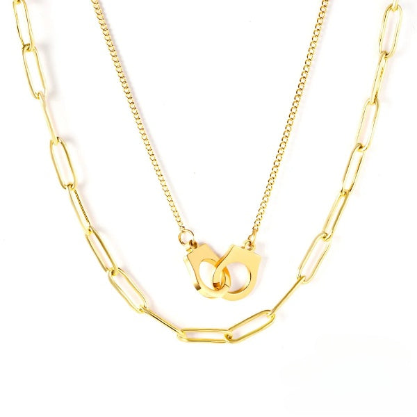 Stelluxe Stainless Steel Gold Color PVD Multi Layer Paperclip Chain Necklace With Choker Buckle Pendant