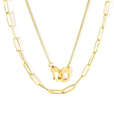 Stelluxe Stainless Steel Gold Color PVD Multi Layer Paperclip Chain Necklace With Choker Buckle Pendant