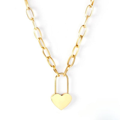 Stelluxe Stainless Steel Gold Color PVD Lock Of Heart With Big Chain Pendant Necklace