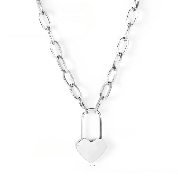 Stainless Steel Color PVD Lock Of Heart Pendant Necklace