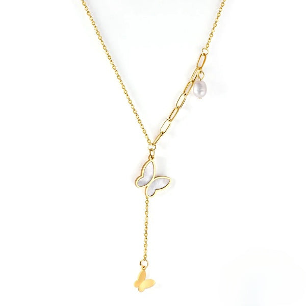 Stelluxe Stainless Steel Gold Color PVD Pearl And Shell Butterfly Pendant Necklace