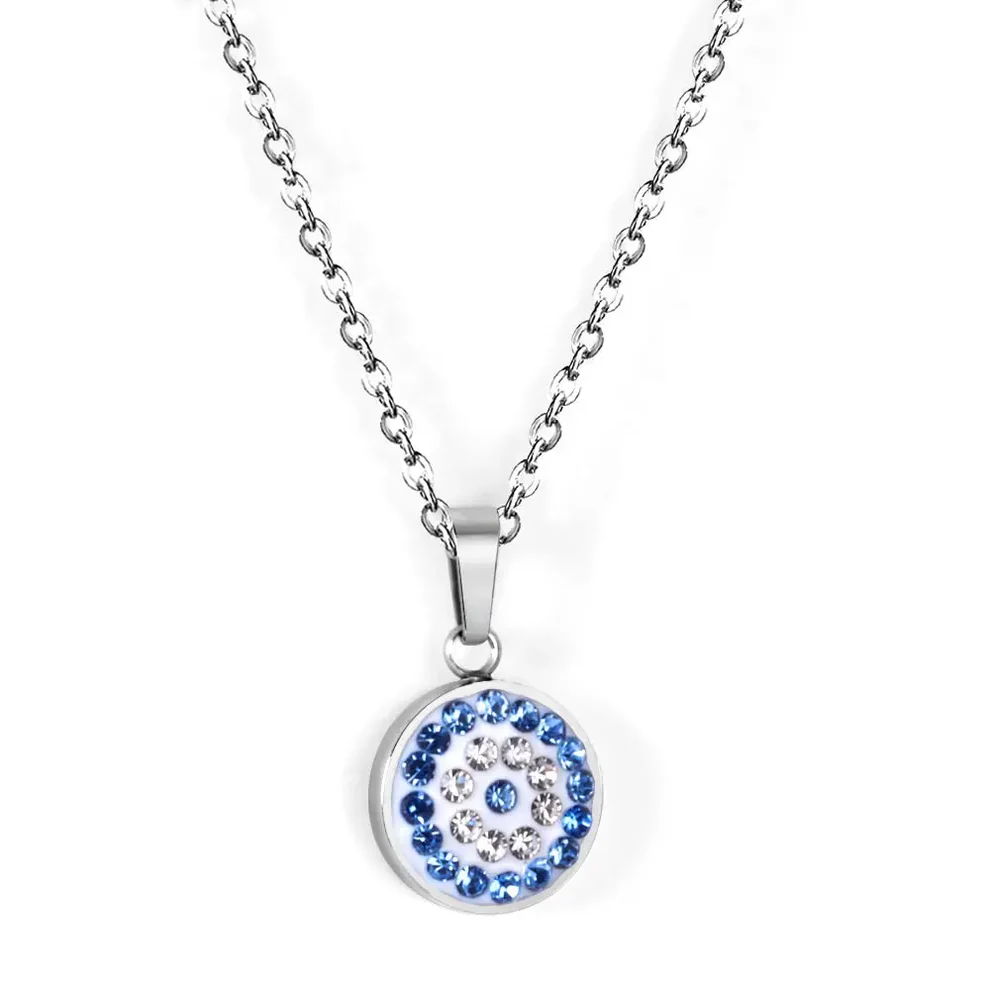 Stainless Steel Color PVD Imitation Rhodium Plated Blue Turkish Evil Eye Necklace
