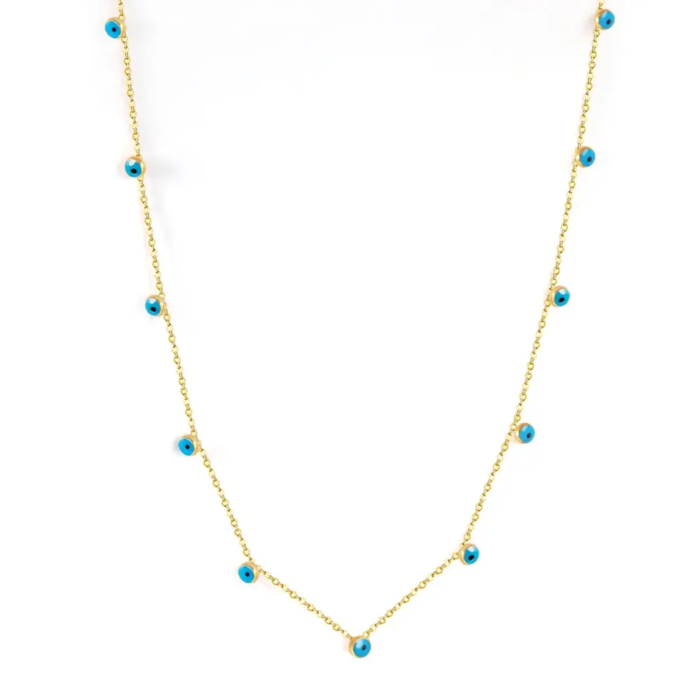 Stainless Steel Gold Color PVD Champagne Gold Blue Turkish Evil Eye Necklace
