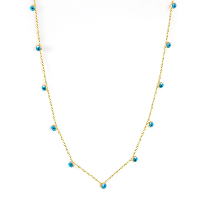Tresoli Stainless Steel Gold Color PVD Champagne Gold Blue Turkish Evil Eye Necklace