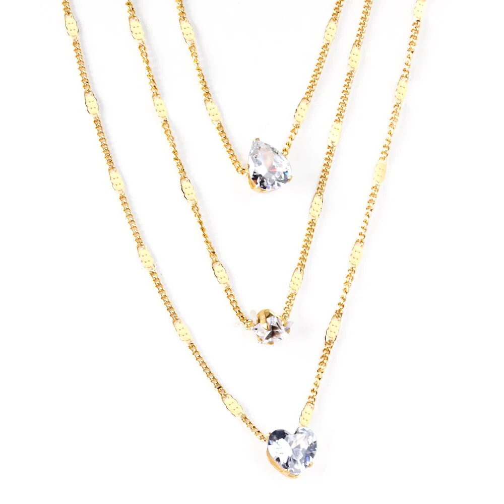 Stainless Steel Gold Color PVD Shiny Rhinestone Three Layer Collier Triple Chains Heart Shape Pendant Necklace