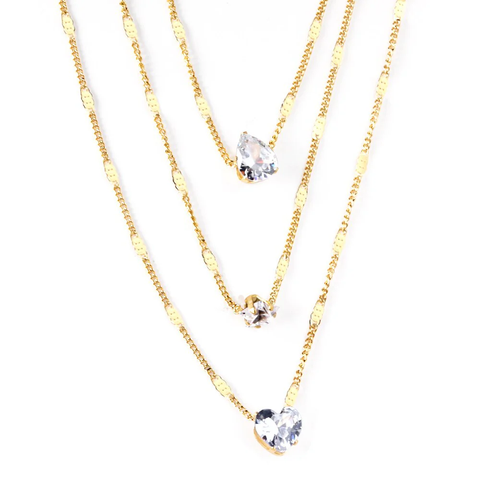 Stelluxe Stainless Steel Gold Color PVD Shiny Rhinestone Three Layer Collier Triple Chains Heart Shape Pendant Necklace