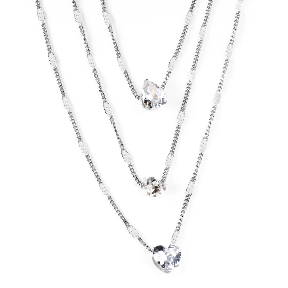 Stainless Steel Color PVD Heart, Round And Drop Shape CZ Pendants Triple Chain Necklace