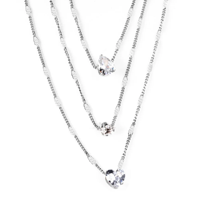 Stelluxe Stainless Steel Color PVD Heart, Round And Drop Shape CZ Pendants Triple Chain Necklace