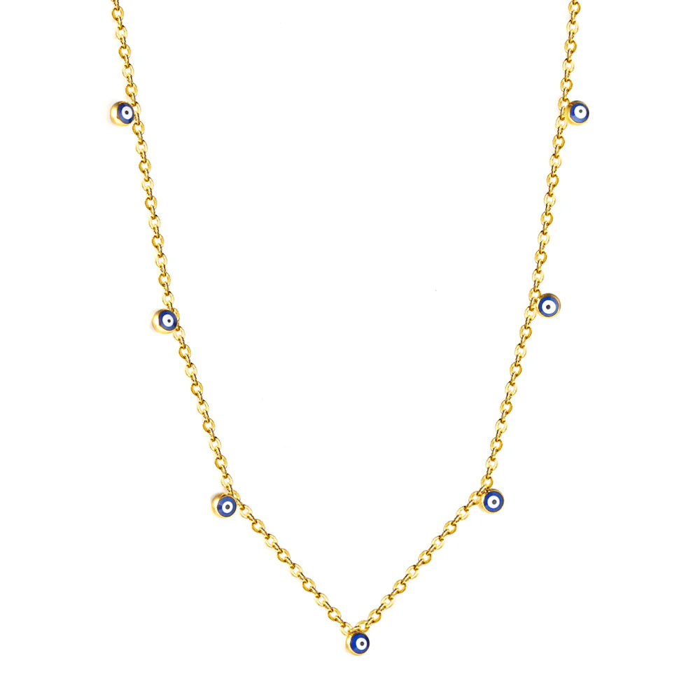 Stainless Steel Gold Color PVD 7 Blue Eyed Beads Necklace
