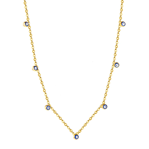 Stelluxe Stainless Steel Gold Color PVD 7 Blue Eyed Beads Necklace