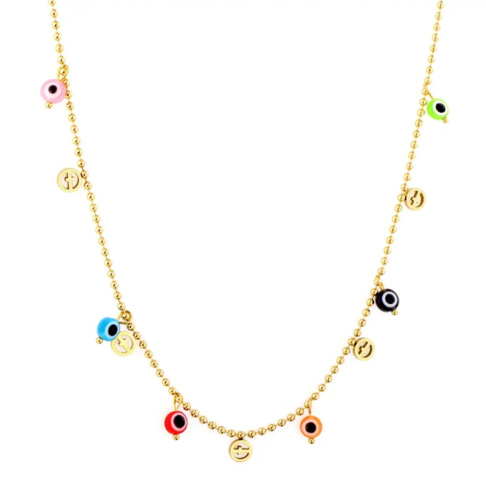 Stainless Steel Gold Color PVD Multi Color Evil Eye Necklace