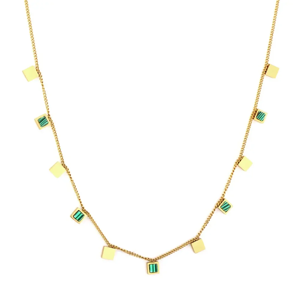 Stainless Steel Gold Color PVD Dark Gold Green And Plain Square Shapes Necklace
