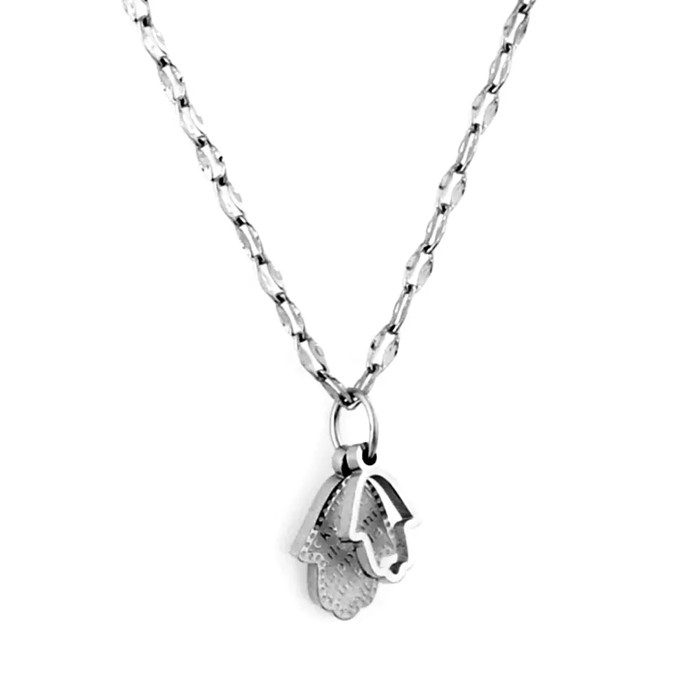 Stainless Steel Color PVD Blue White Zinc Plated Hamsa Hand Pendant Necklace