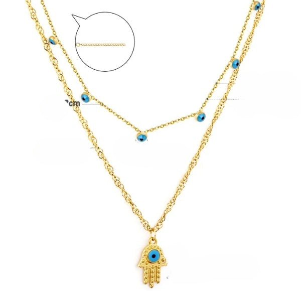 Stainless Steel Gold Color PVD Snake Double Chain Evil Eye Pendant Necklace