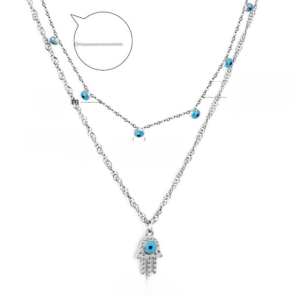 Stainless Steel Color PVD Snake Double Chain Evil Eye Pendant Necklace