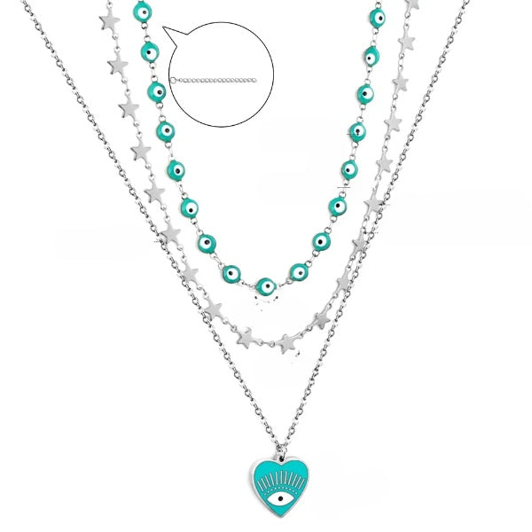 Stainless Steel Color PVD Evil Eye And Star Shapes Three Lines Necklace