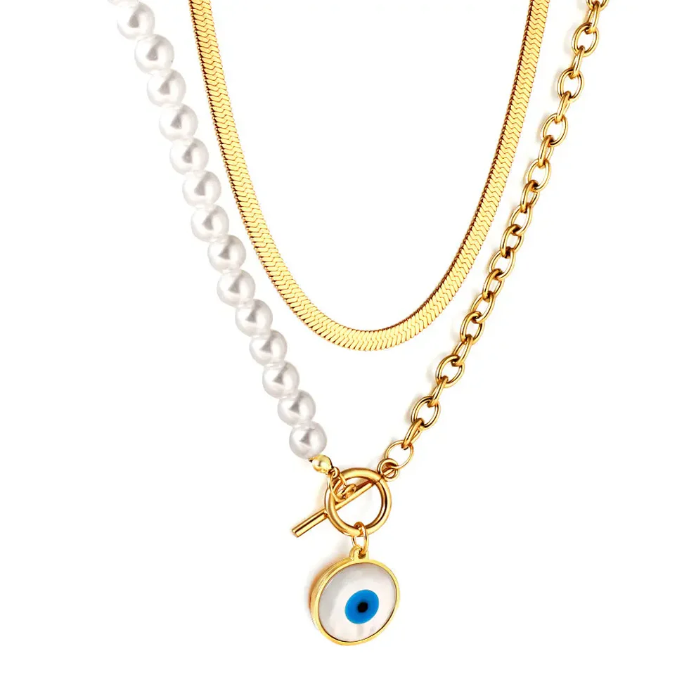 Stainless Steel Gold Color PVD Blue Eyes Round Half White Double Chain Necklace