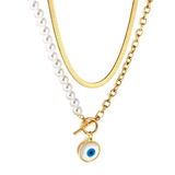 Tresoli Stainless Steel Gold Color PVD Blue Eyes Round Half White Double Chain Necklace