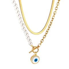 Tresoli Stainless Steel Gold Color PVD Blue Eyes Round Half White Double Chain Necklace