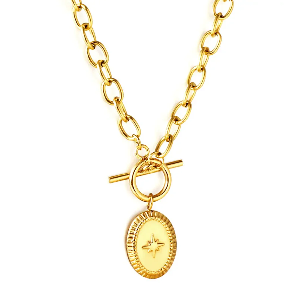 Stainless Steel Gold Color PVD Oval With Lucky Star Necklace