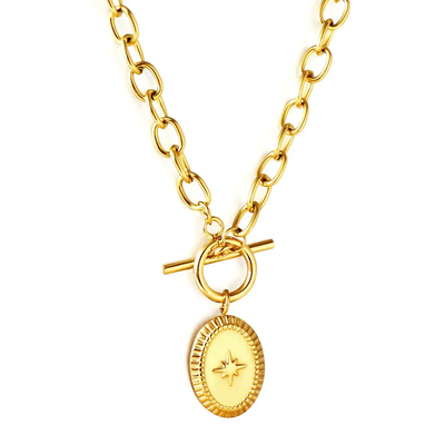 Tresoli Stainless Steel Gold Color PVD Oval With Lucky Star Necklace