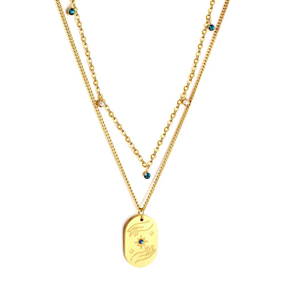 Stainless Steel Gold Color PVD Oval Charm Blue Cubic Zirconia Multi Layer Chains Pendant Necklace