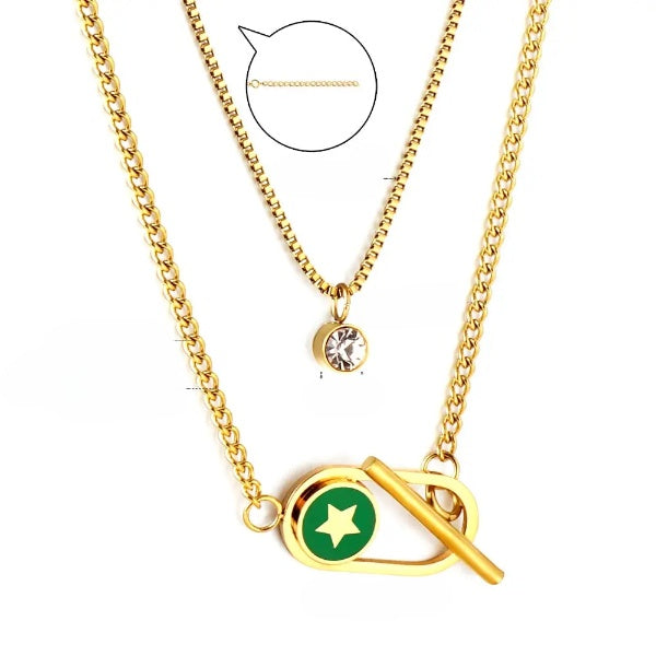 Stainless Steel Gold Color PVD Toggle And Round Diamond Double Chain Necklace