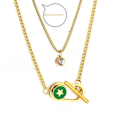 Tresoli Stainless Steel Gold Color PVD Toggle And Round Diamond Double Chain Necklace