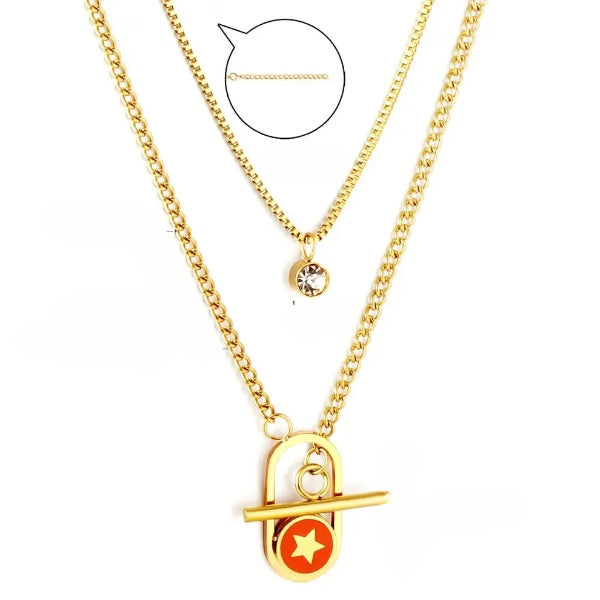 Stainless Steel Gold Color PVD Toggle Bar And Round Diamond Double Chain Necklace