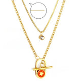 Tresoli Stainless Steel Gold Color PVD Toggle Bar And Round Diamond Double Chain Necklace