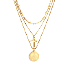 Load image into Gallery viewer, Stelluxe Stainless Steel Gold Color PVD Three Chains With Round With Pattern And Cross And Cross Chain Necklace