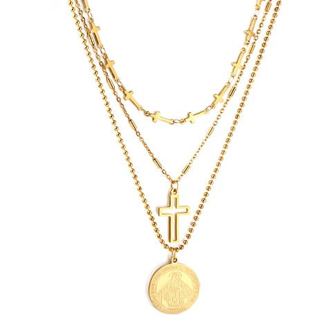 Stelluxe Stainless Steel Gold Color PVD Three Chains With Round With Pattern And Cross And Cross Chain Necklace