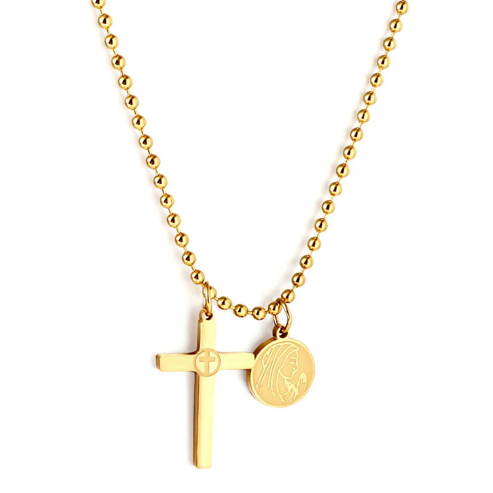 Stainless Steel Gold Color PVD Cross And Round With Bead Chain Necklace