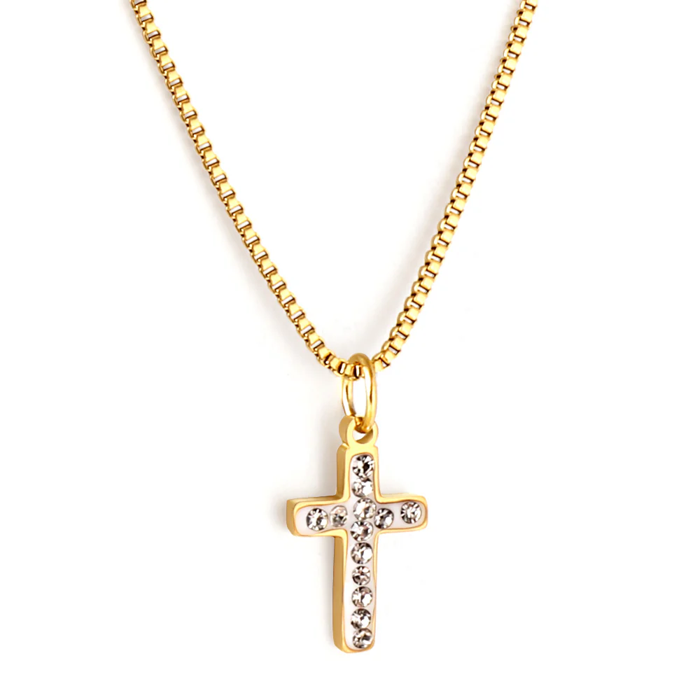 Stainless Steel Gold Color PVD Cross Diamond Necklace