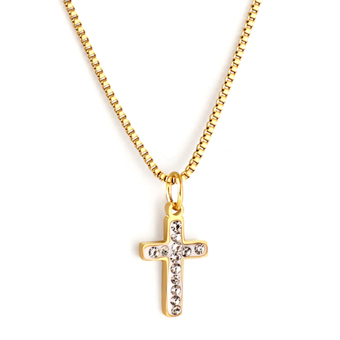 Stelluxe Stainless Steel Gold Color PVD Cross Diamond Necklace
